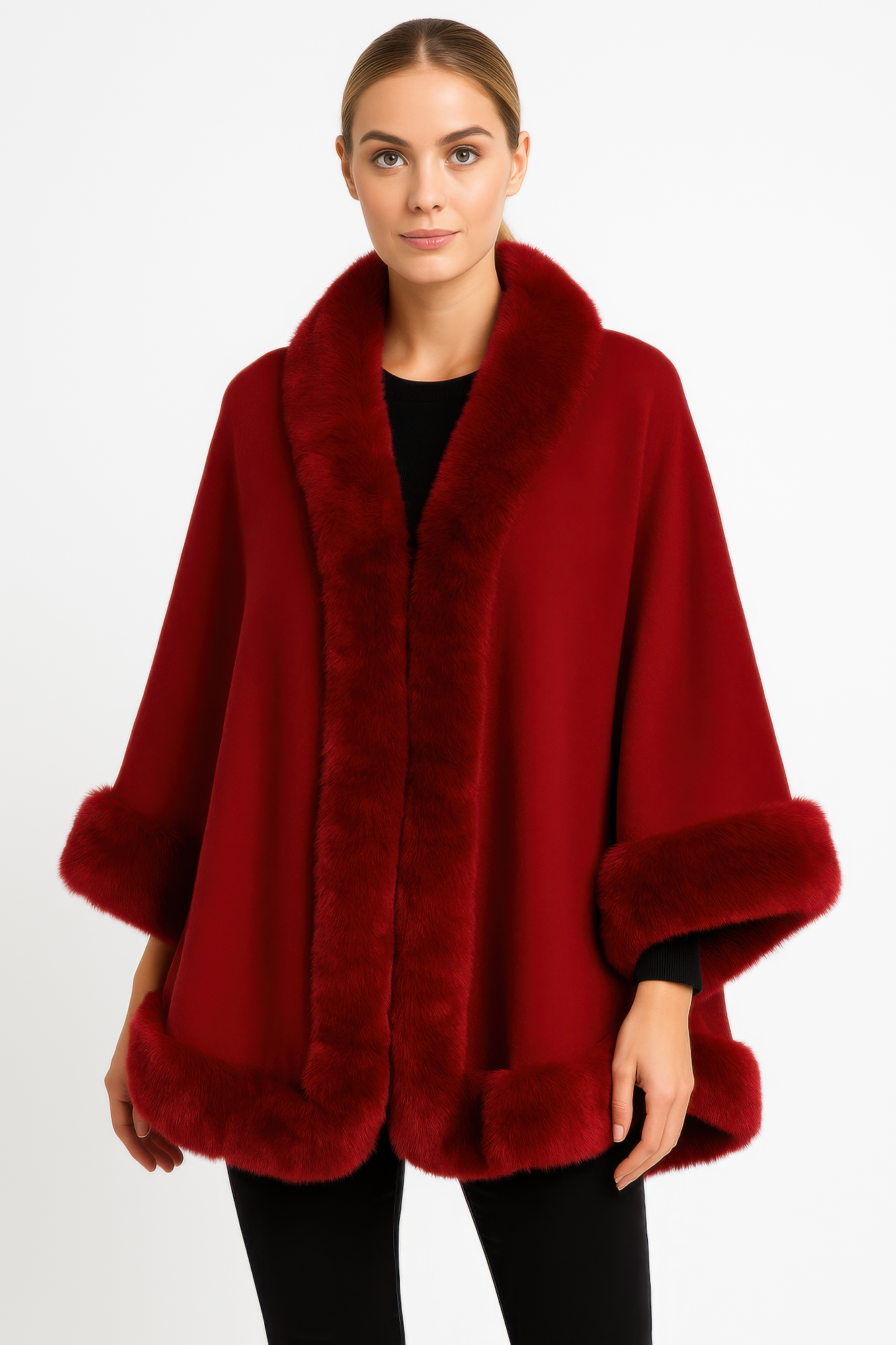 Faux Fur Trim Open-front Cape Jacket