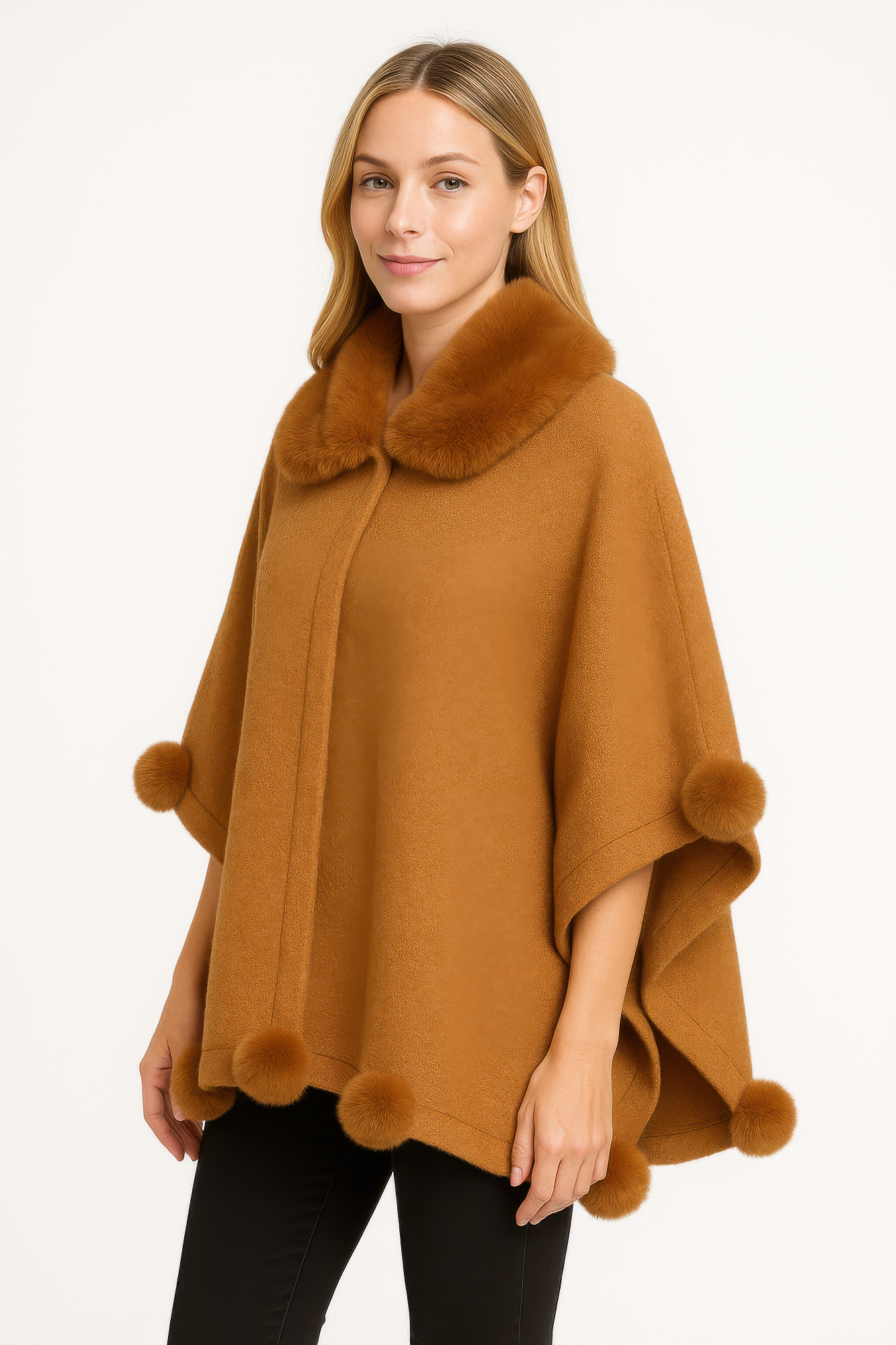 Trim Cape With Faux Fur Collar