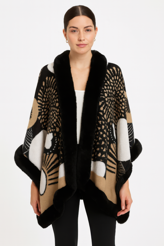 Abstract Print Faux Fur Trim Cape In Black & Camel