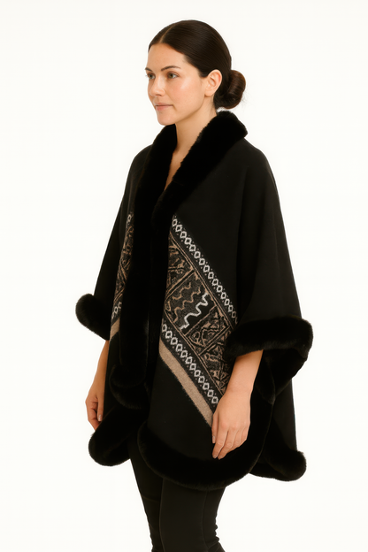 Black Geometric Border Faux Fur Trim Cape