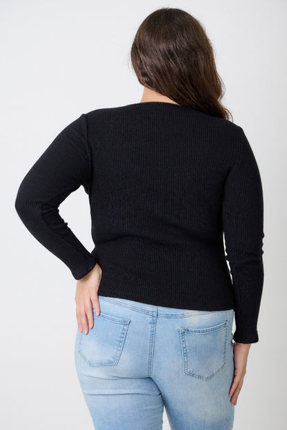 Plus Size Black Ribbed Cutout Long Sleeve Top