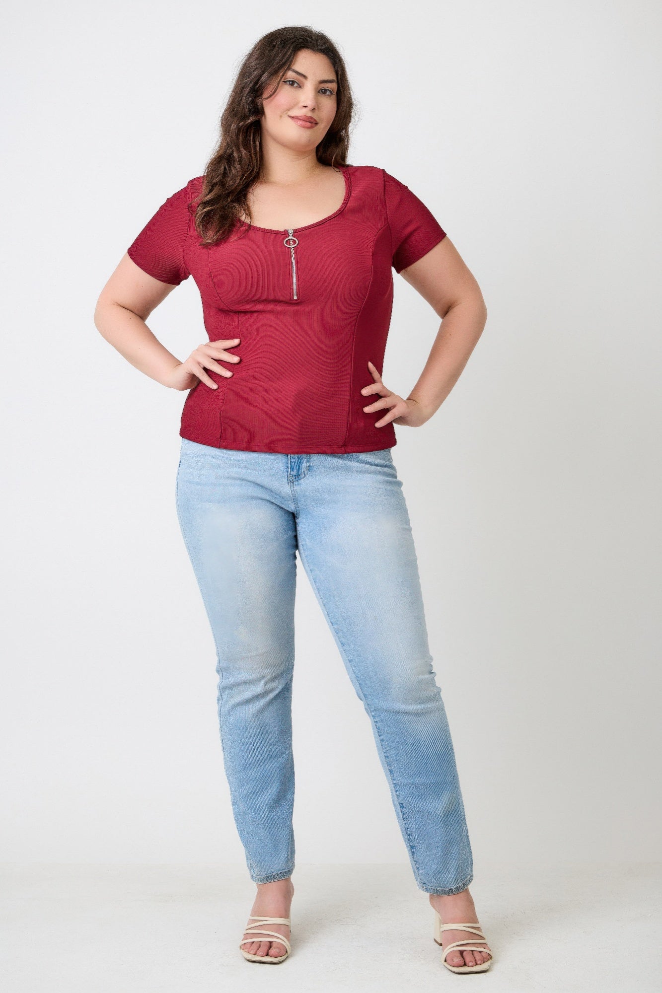 Plus Size Zip Front Fitted Stretch Top