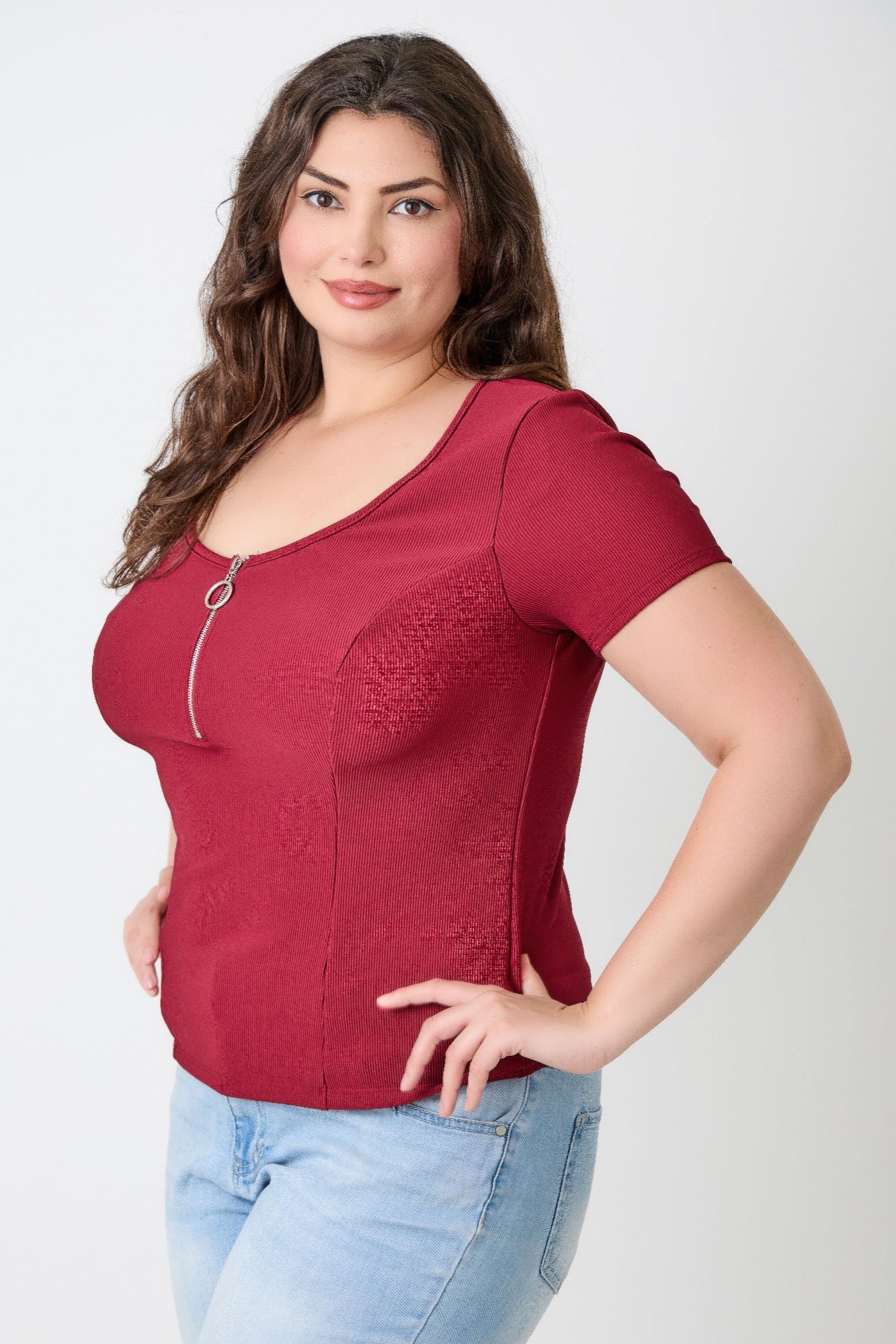 Plus Size Zip Front Fitted Stretch Top