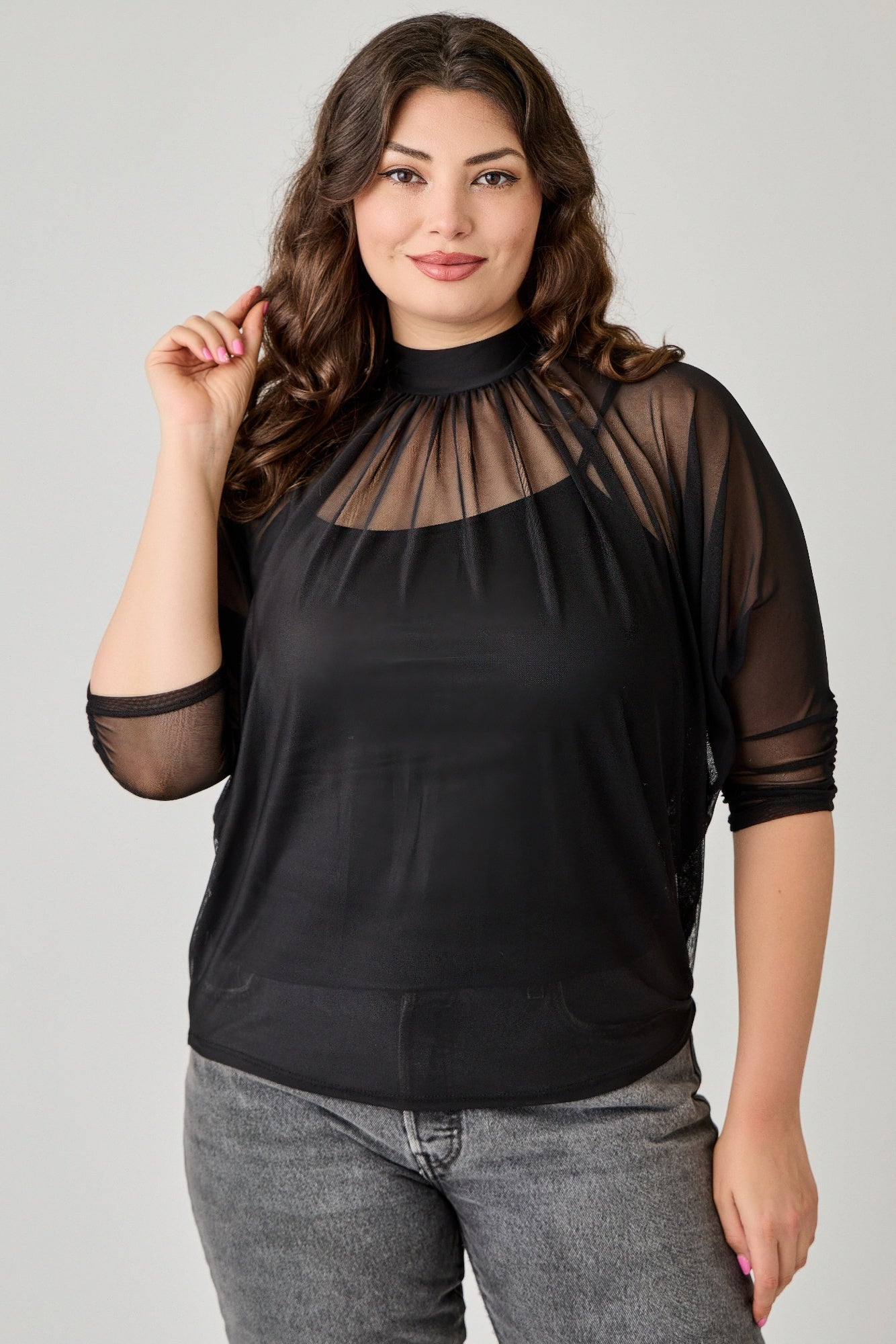Plus Size Draped Mesh Top With Tank