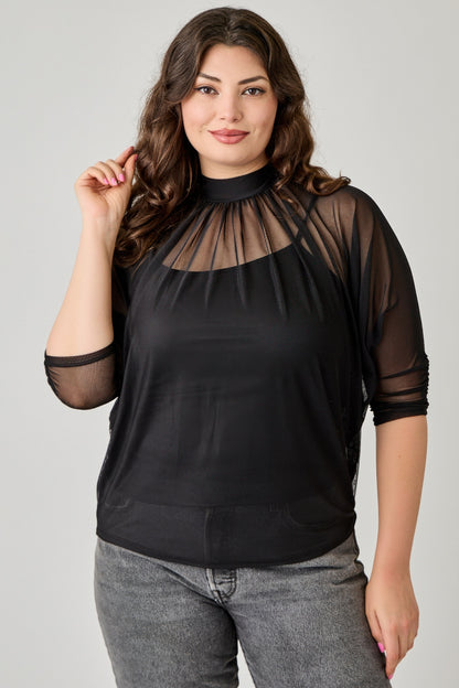 Plus Size Draped Mesh Top With Tank