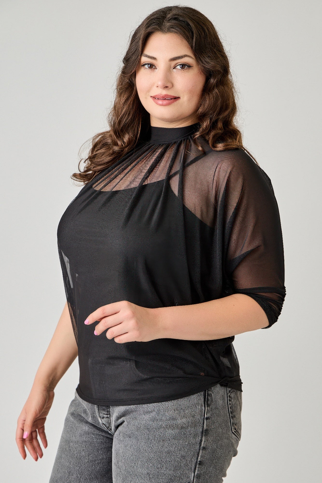 Plus Size Draped Mesh Top With Tank