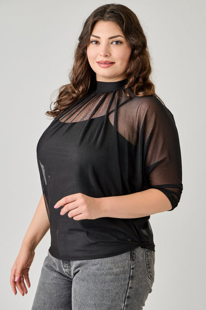 Plus Size Draped Mesh Top With Tank