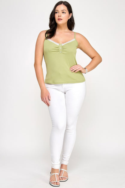 Plus Size Ribbed Knit Camisole With Lace Trim