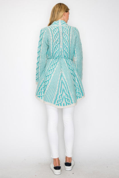Open Wool Cardigan With Belt String & Front Pocket