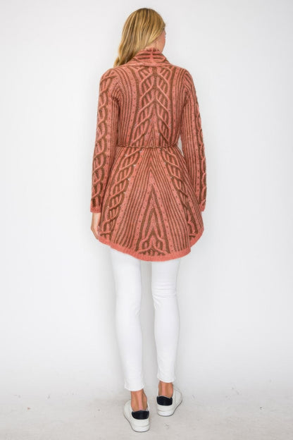 Open Wool Cardigan With Belt String & Front Pocket