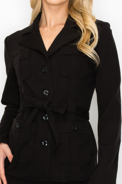 Ls Belted Button Up Jacket & Pencil Skirt Set