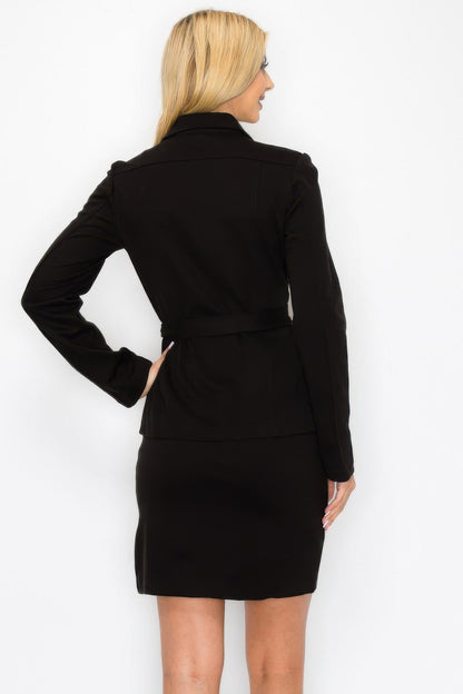Ls Belted Button Up Jacket & Pencil Skirt Set