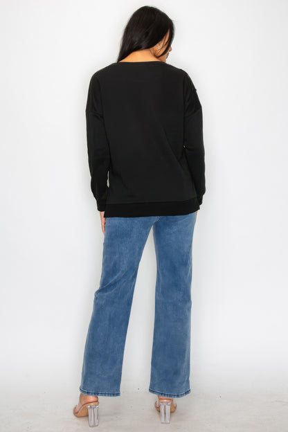 Faux Pearl Beaded Floral Patch Crewneck Sweatshirt