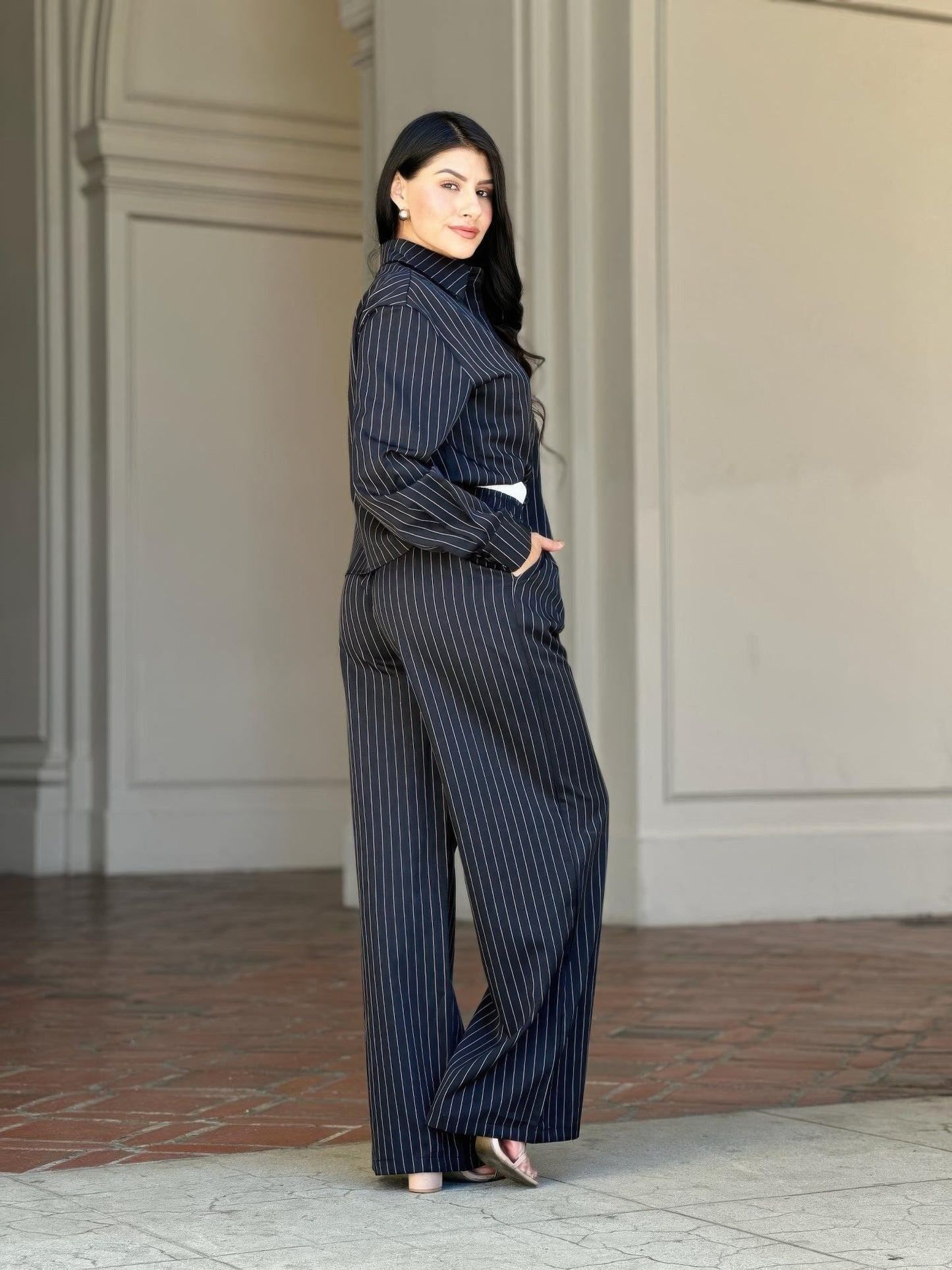 Striped Set With Double Waistband Pants And Top