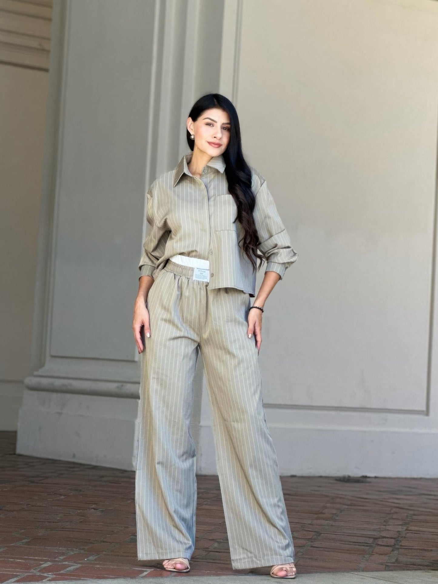 Striped Set With Double Waistband Pants And Top
