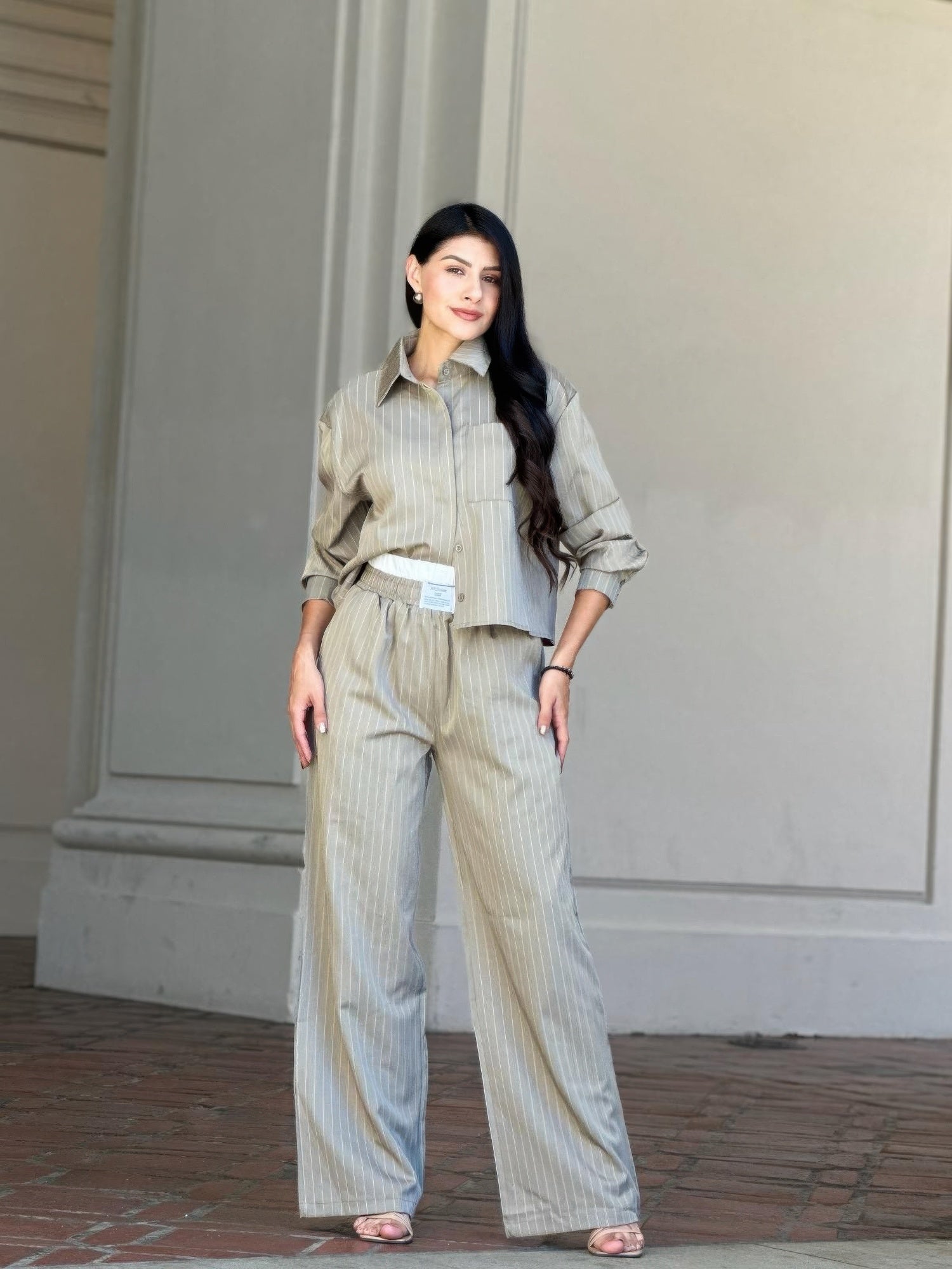 Striped Set With Double Waistband Pants And Top