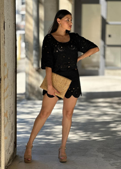 Boho Crochet Lace Crop Top & Line Short Set