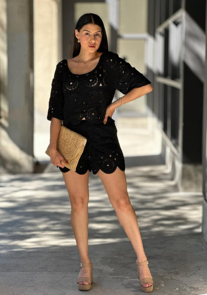 Boho Crochet Lace Crop Top & Line Short Set
