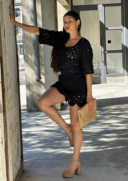 Boho Crochet Lace Crop Top & Line Short Set
