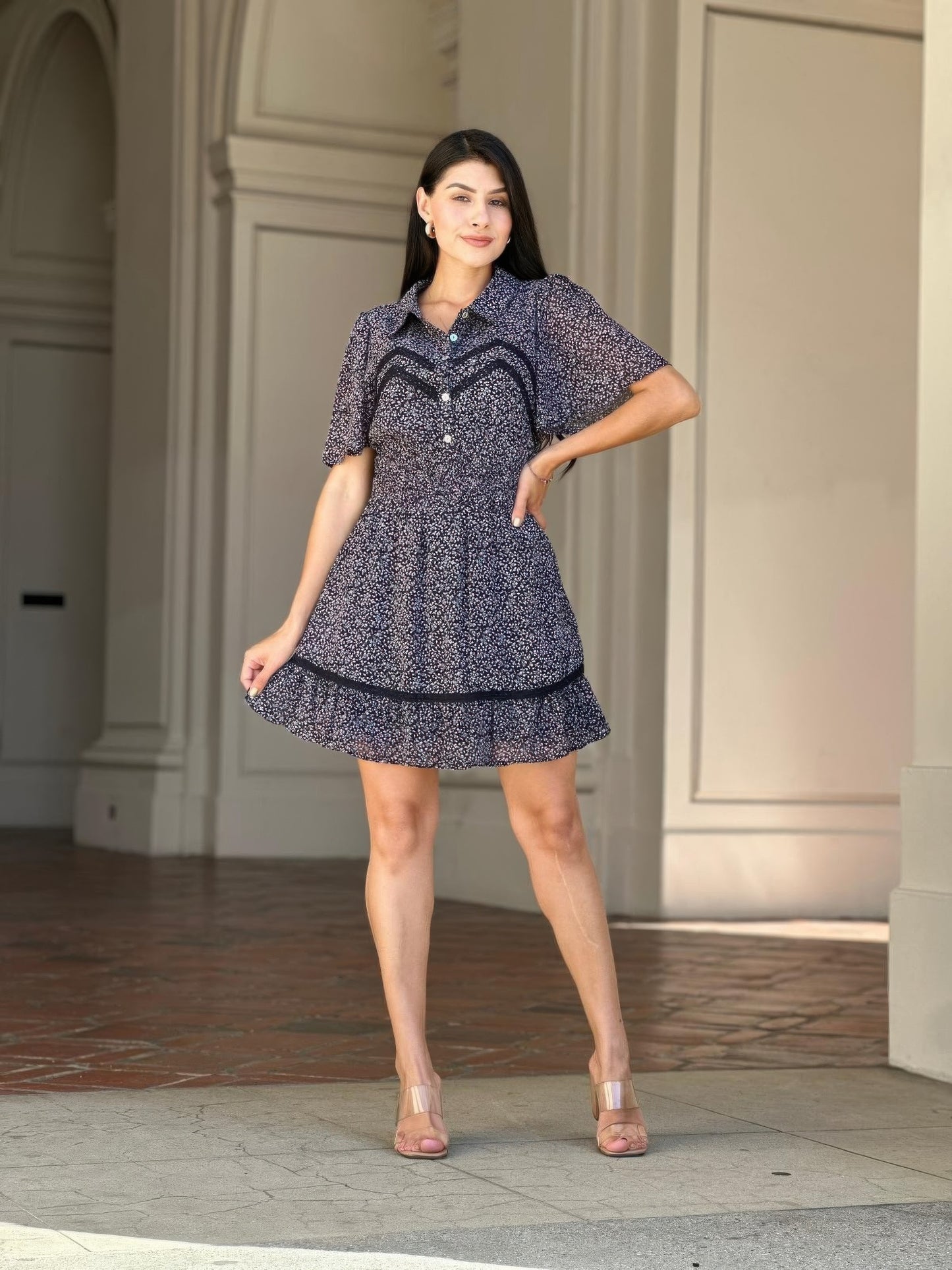 Floral Print Saffy Lace Smocking Waist Mini Dress