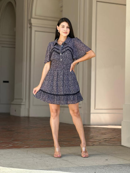 Floral Print Saffy Lace Smocking Waist Mini Dress
