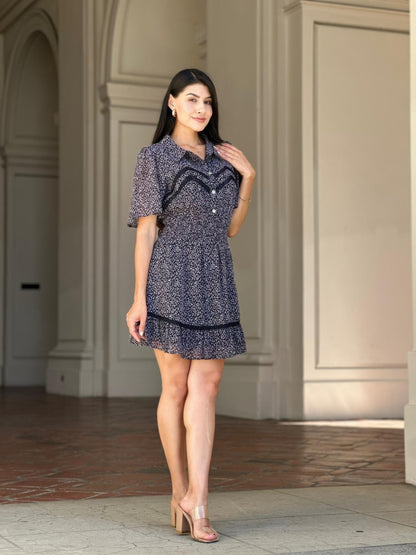 Floral Print Saffy Lace Smocking Waist Mini Dress