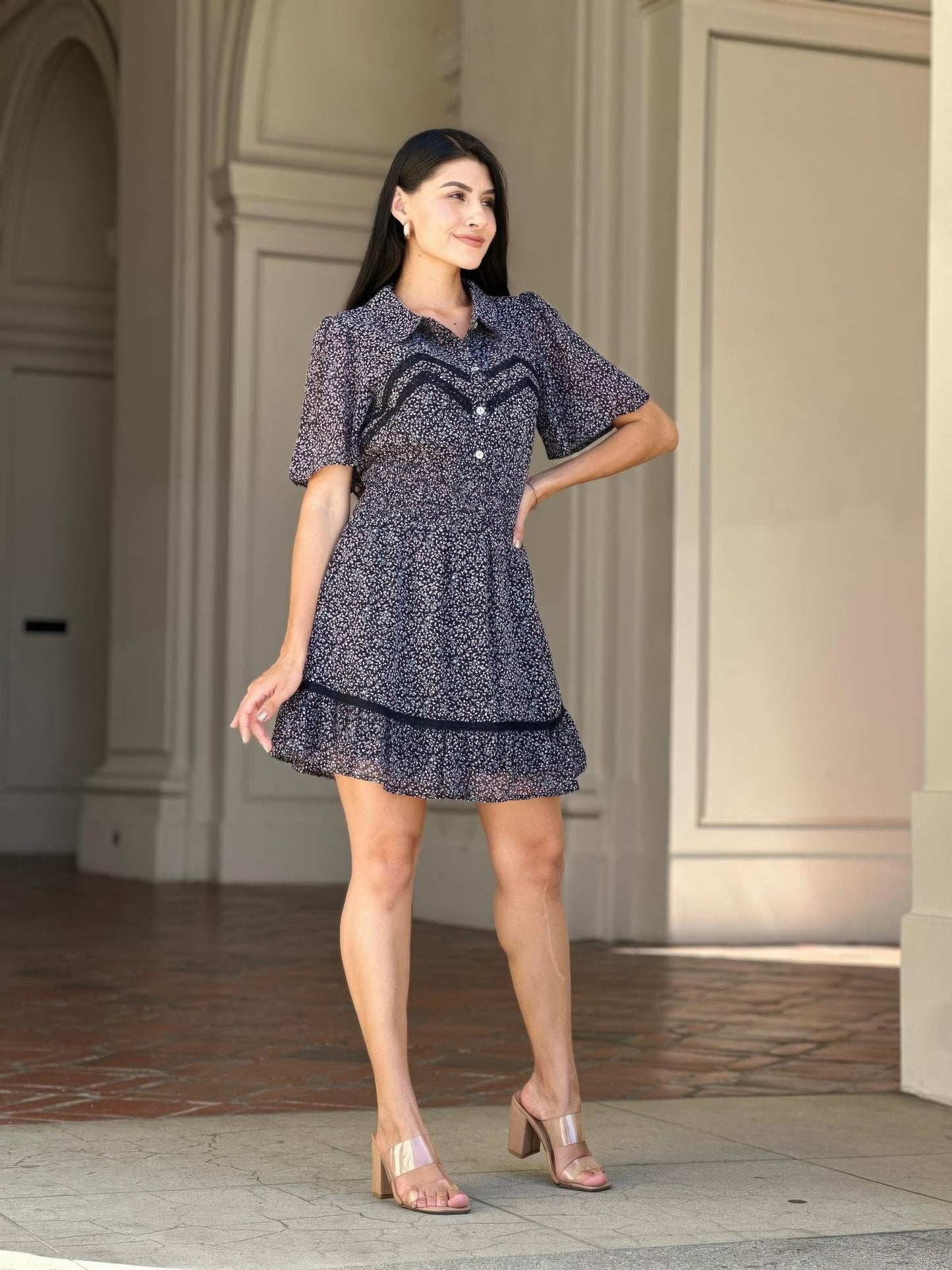 Floral Print Saffy Lace Smocking Waist Mini Dress