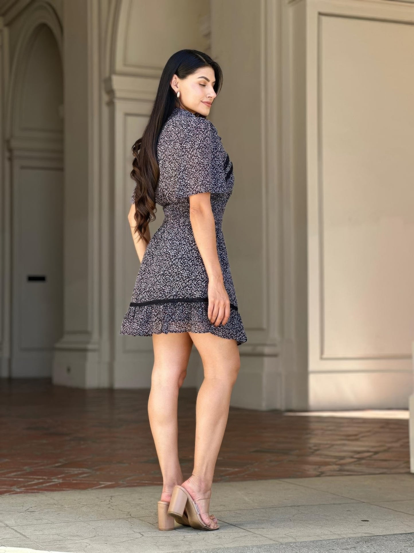 Floral Print Saffy Lace Smocking Waist Mini Dress