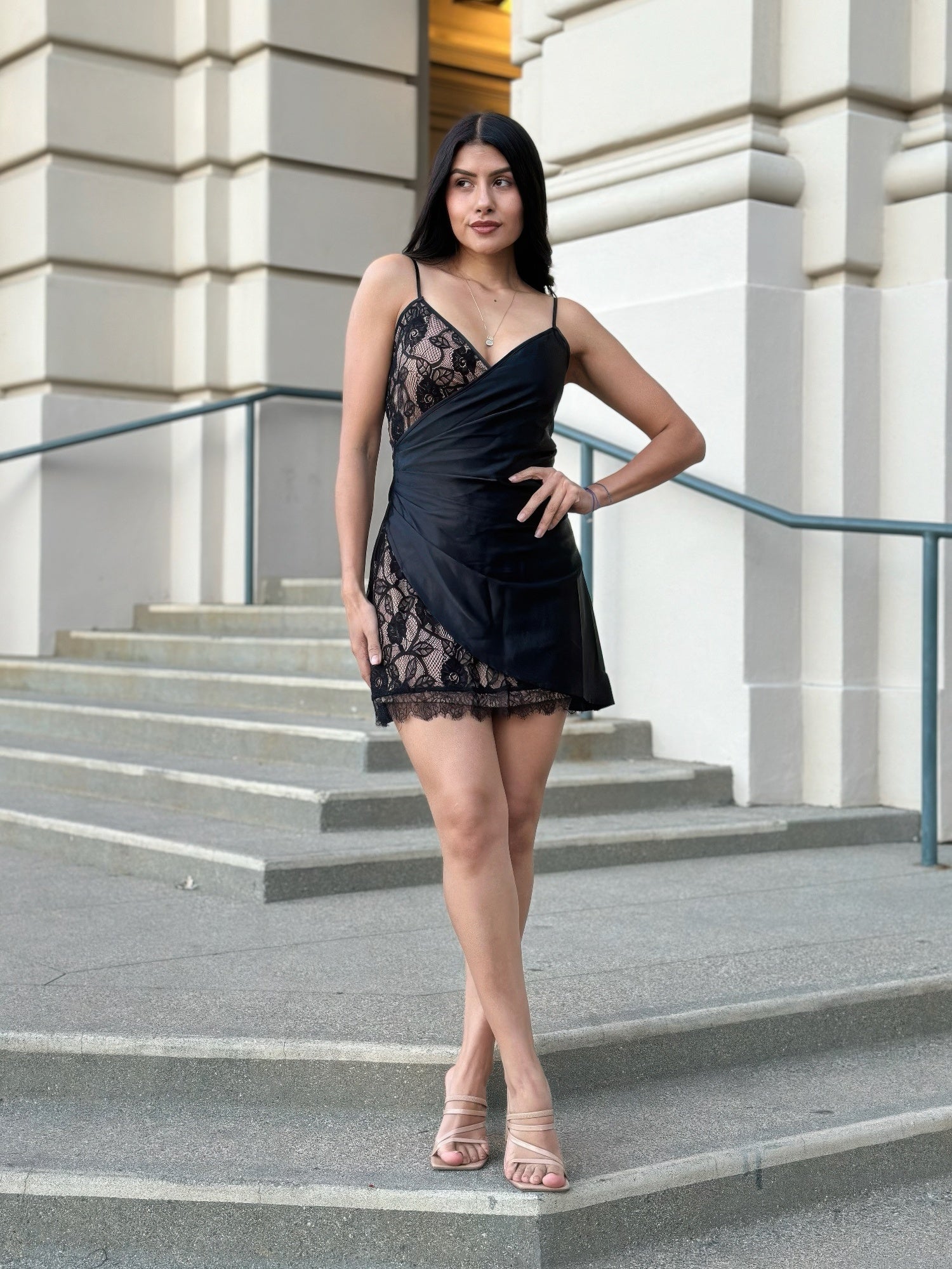 Sexy Party Satin Wrap Like & Lace Nude Mini Dress