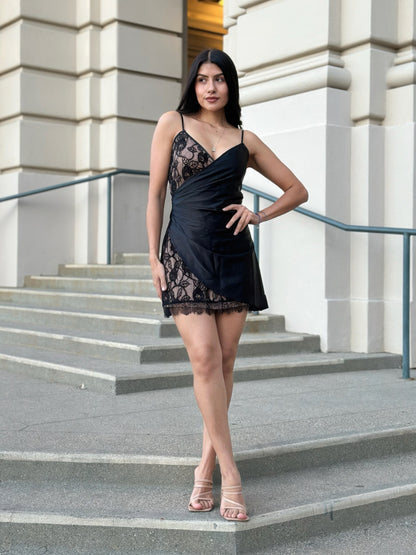 Sexy Party Satin Wrap Like & Lace Nude Mini Dress