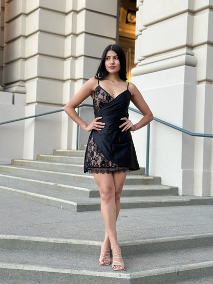 Sexy Party Satin Wrap Like & Lace Nude Mini Dress