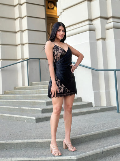Sexy Party Satin Wrap Like & Lace Nude Mini Dress