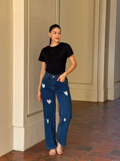 Embroidered Distressed Heart Wide Leg Denim Jean