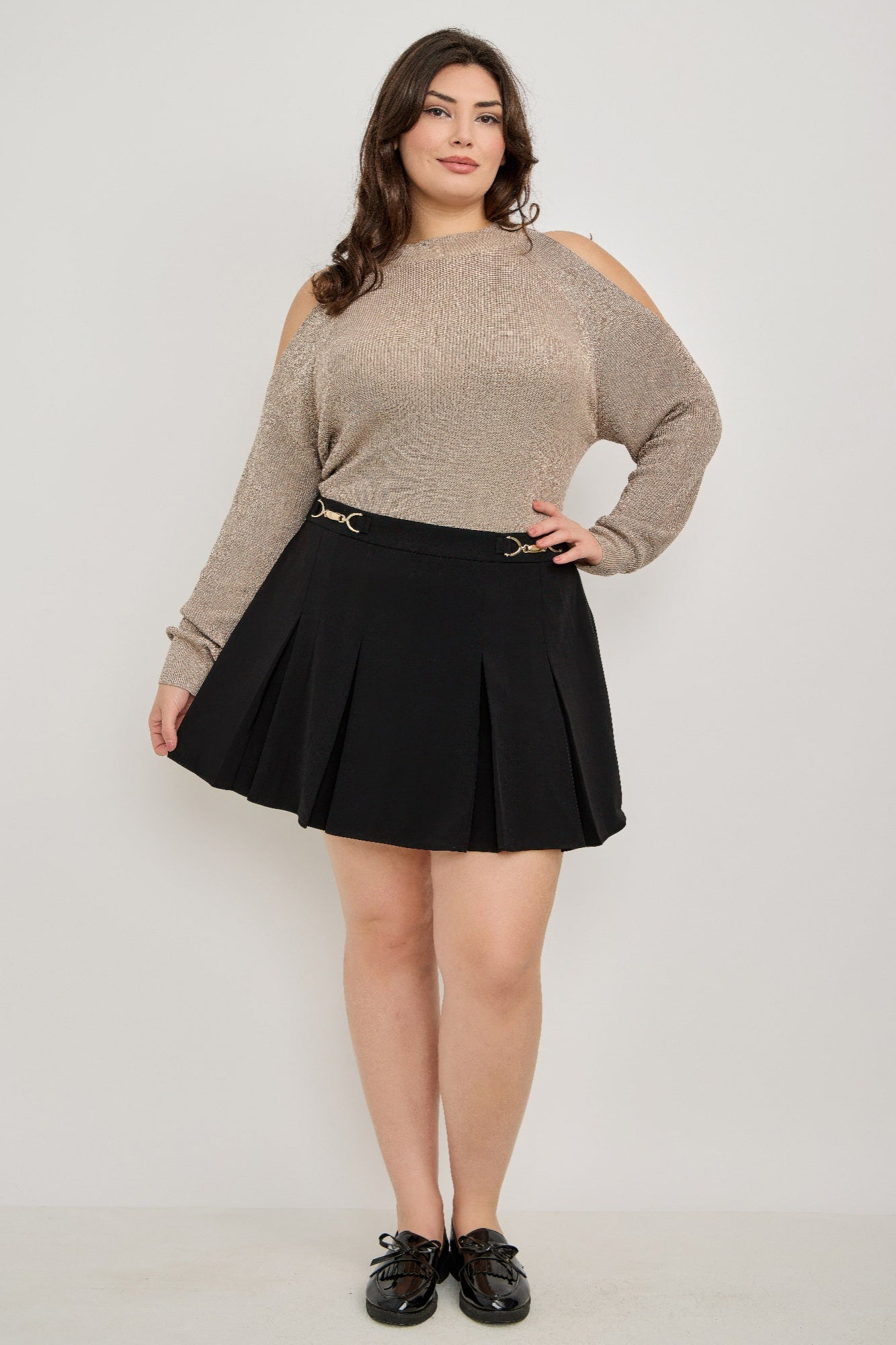 Plus Size Gold Accent Pleated Mini Skirt           