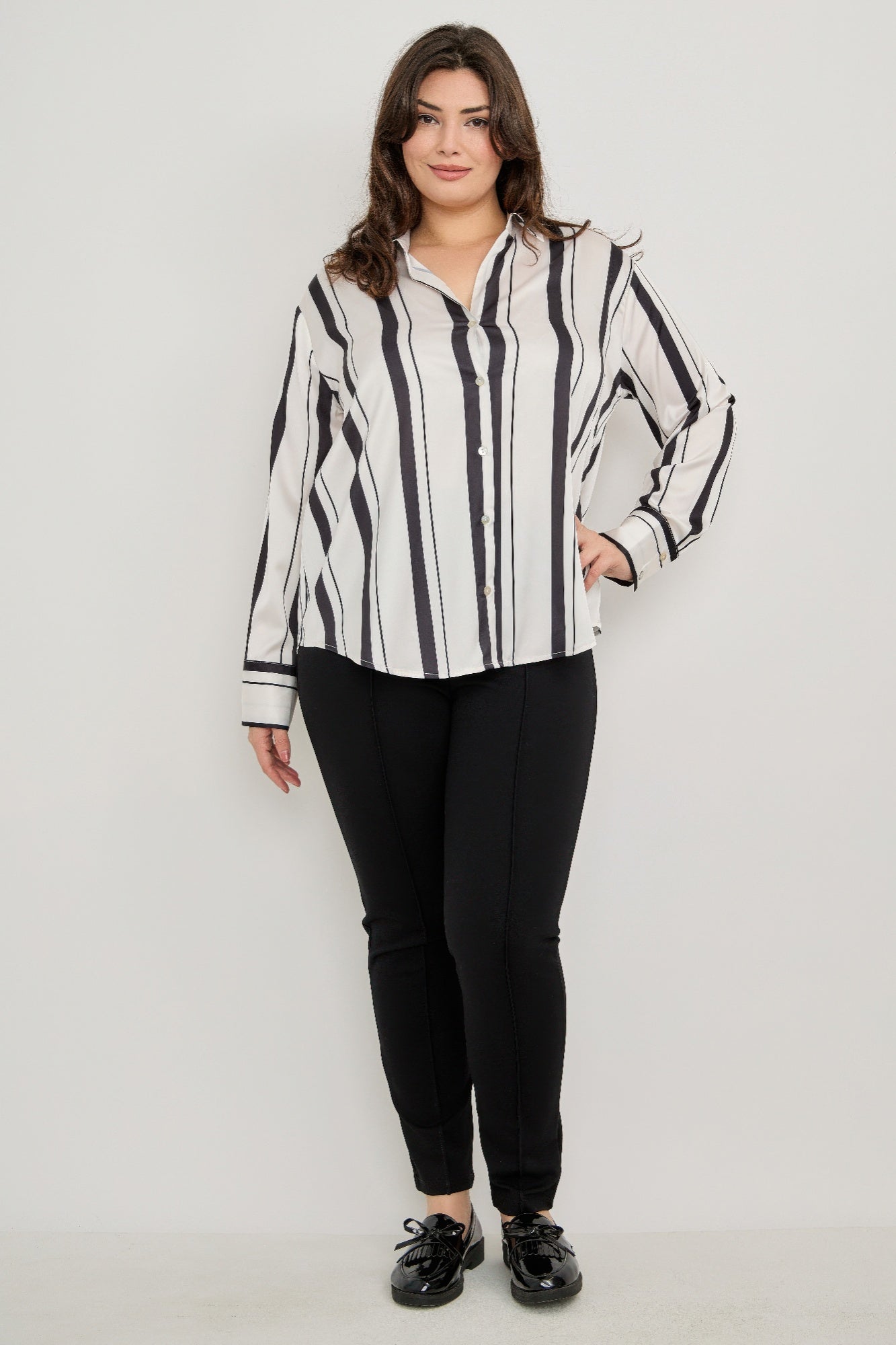 Plus Size Vertical Stripe Button Down Blouse             