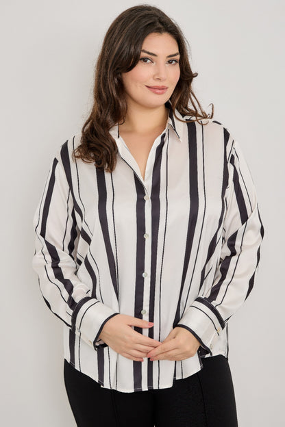 Plus Size Vertical Stripe Button Down Blouse             