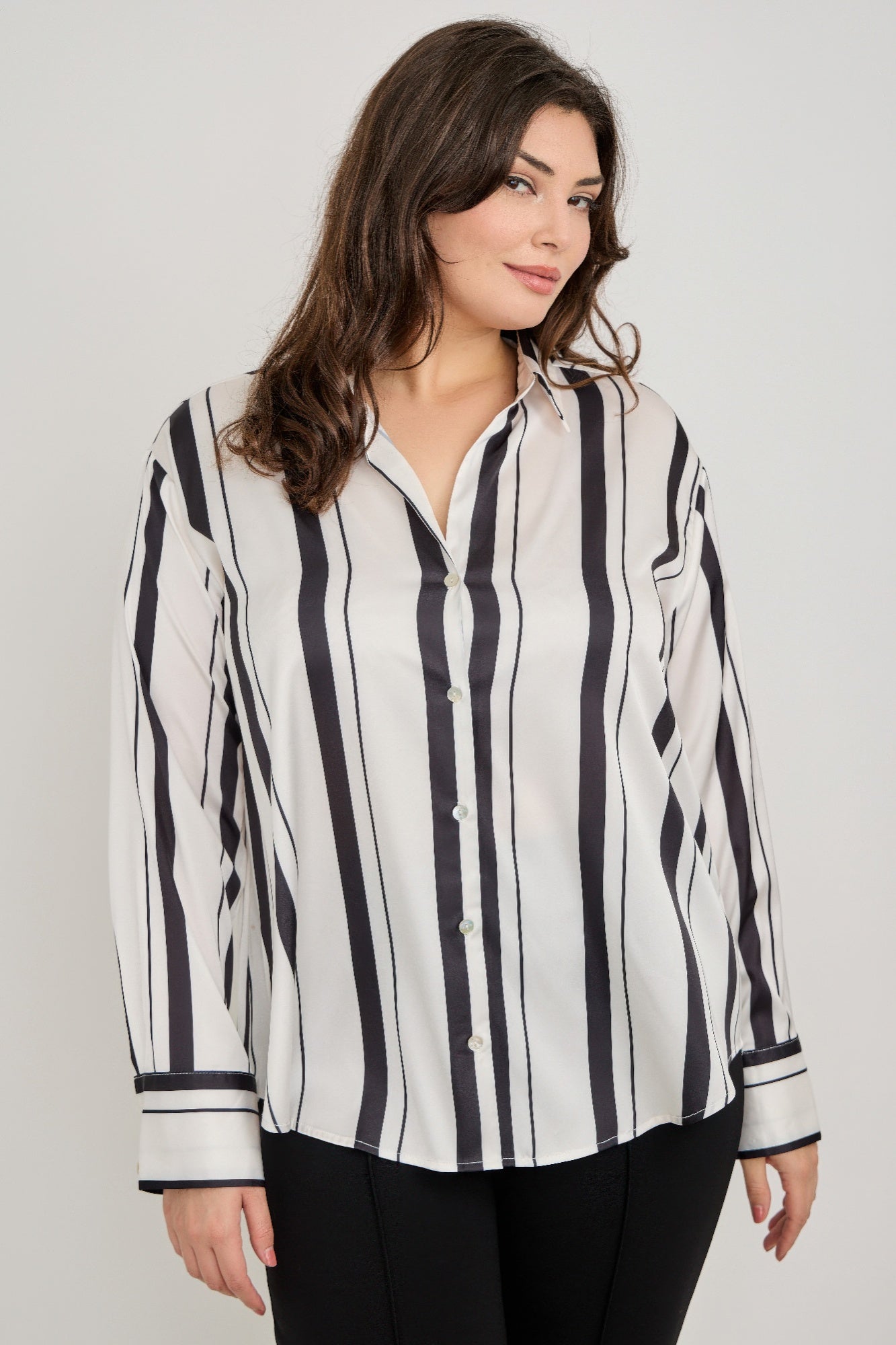 Plus Size Vertical Stripe Button Down Blouse             
