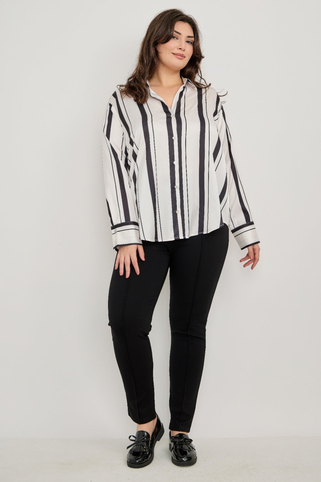 Plus Size Vertical Stripe Button Down Blouse             