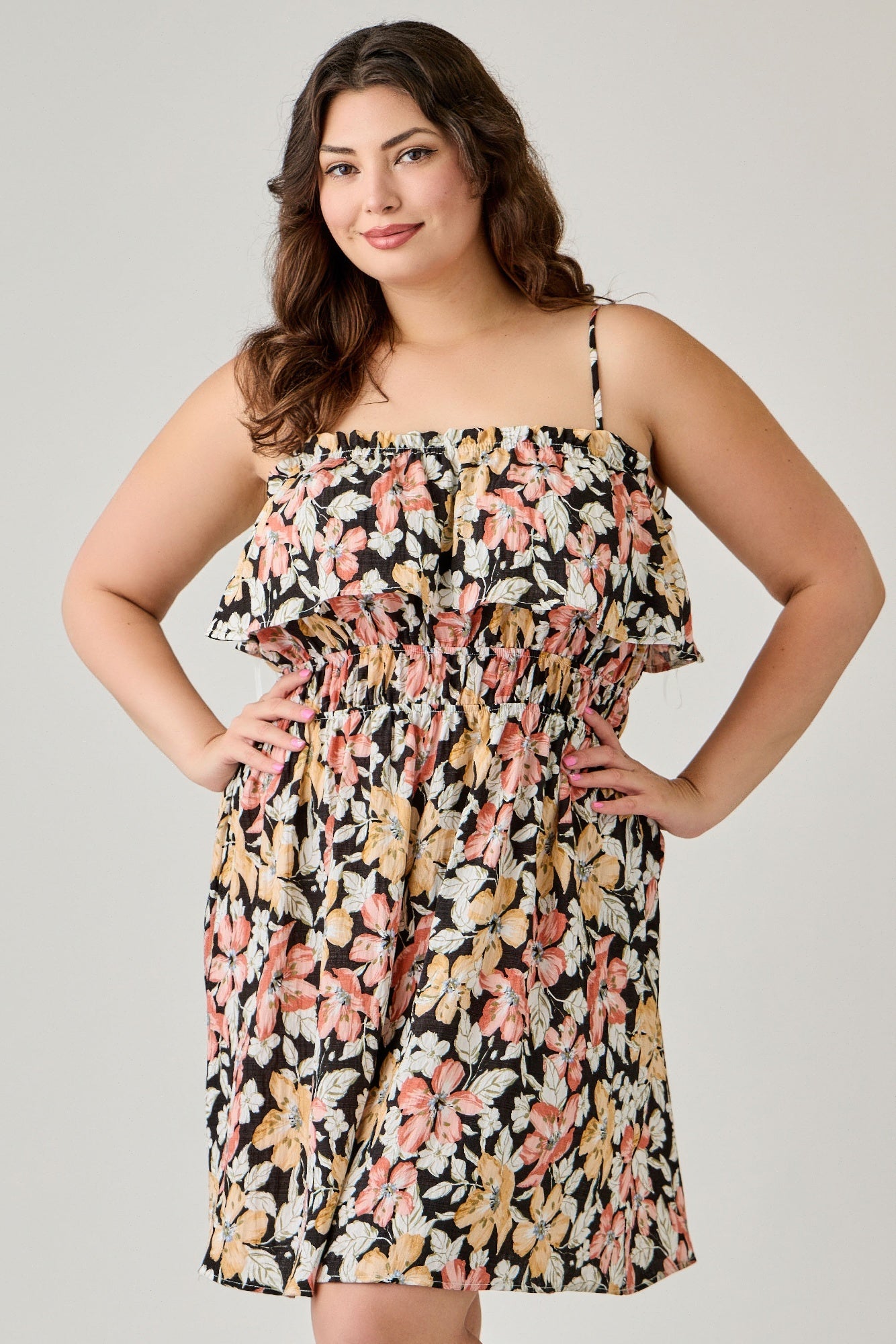 Plus Size Rayon Challis Floral Ruffled Tier Dress        
