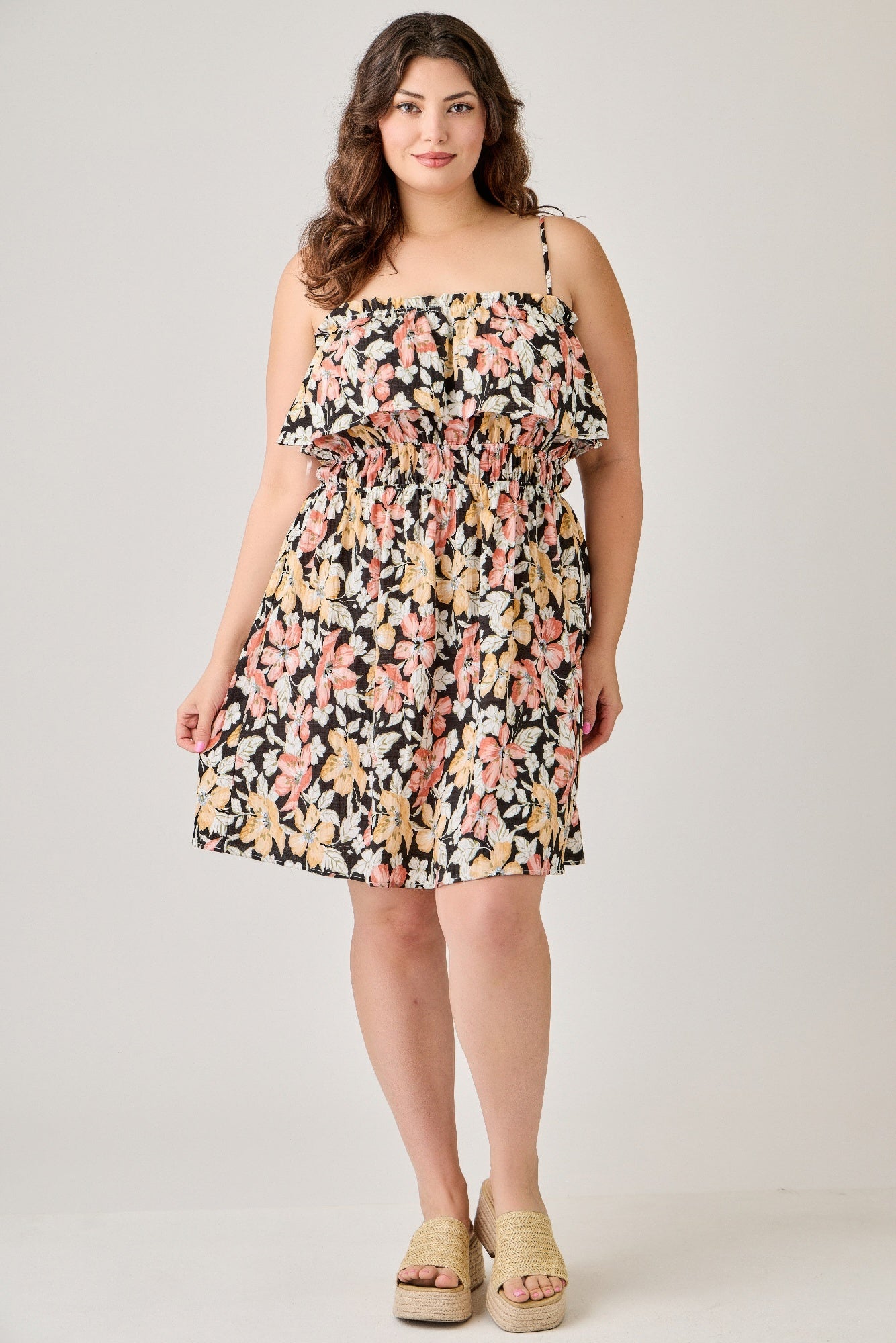 Plus Size Rayon Challis Floral Ruffled Tier Dress        