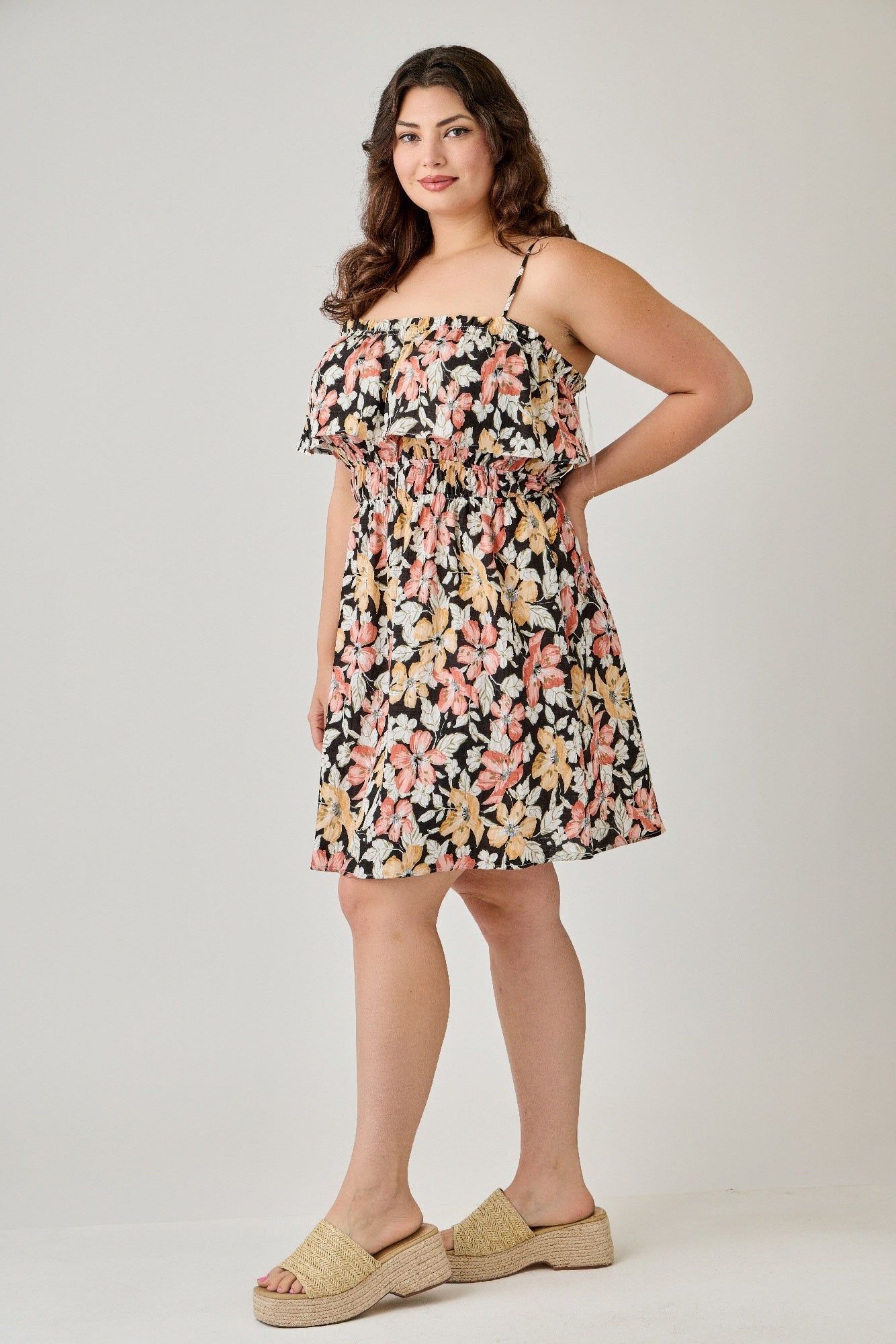 Plus Size Rayon Challis Floral Ruffled Tier Dress        