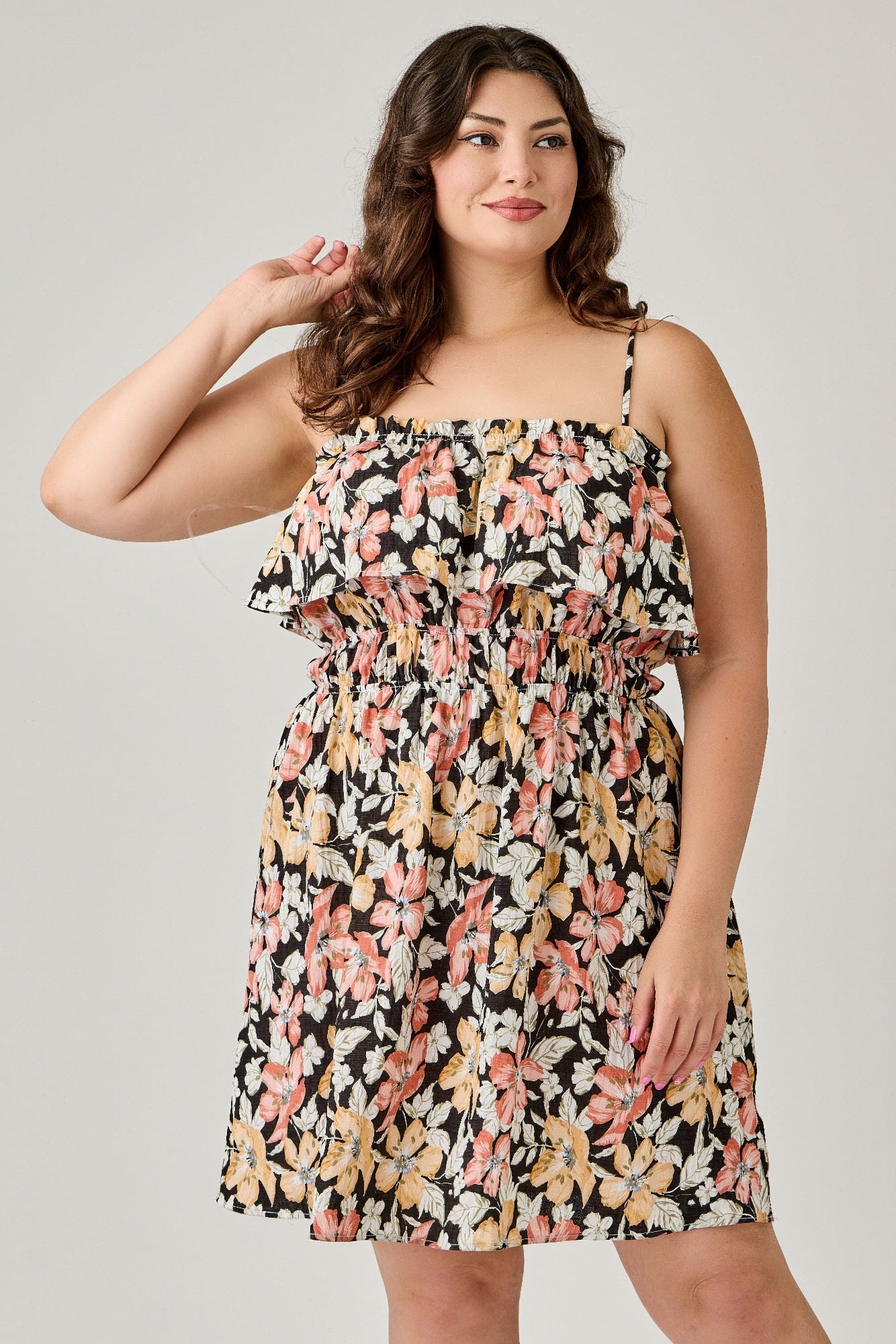 Plus Size Rayon Challis Floral Ruffled Tier Dress        