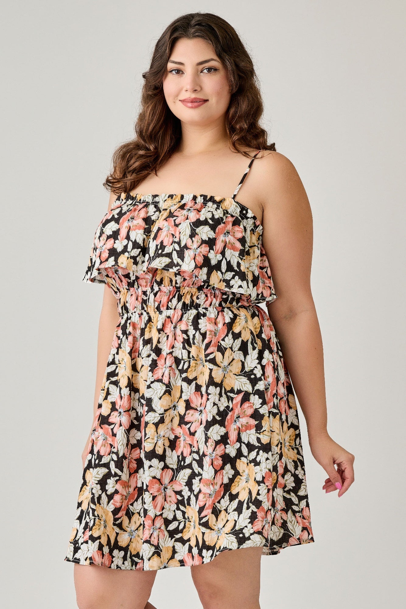 Plus Size Rayon Challis Floral Ruffled Tier Dress        