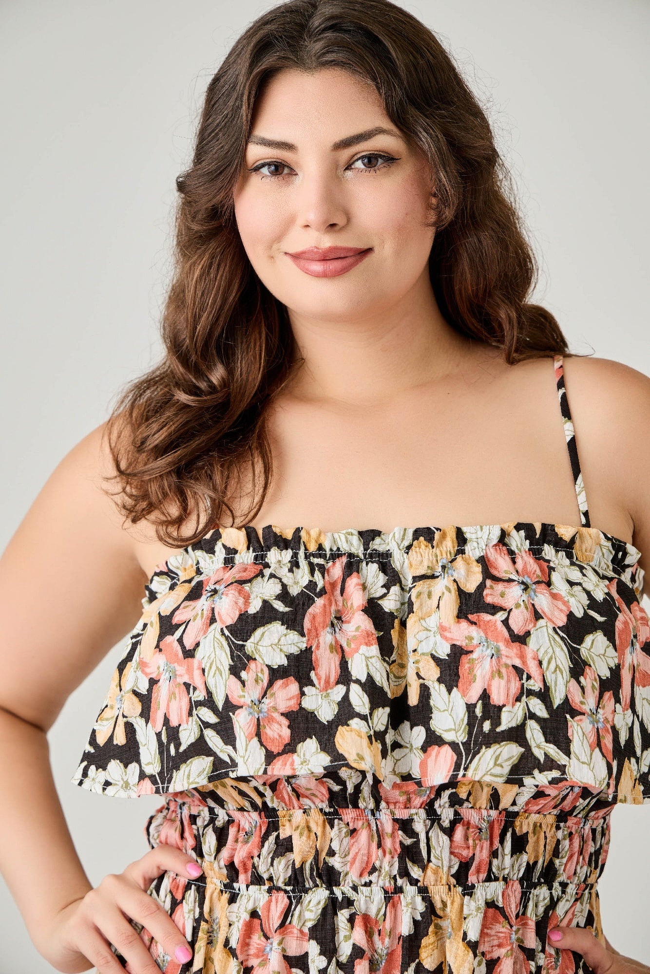 Plus Size Rayon Challis Floral Ruffled Tier Dress        