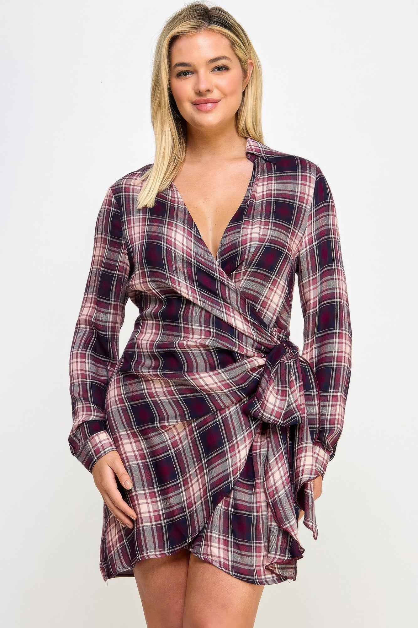 Plus Size Long Sleeve Plaid Side Tie Dress        