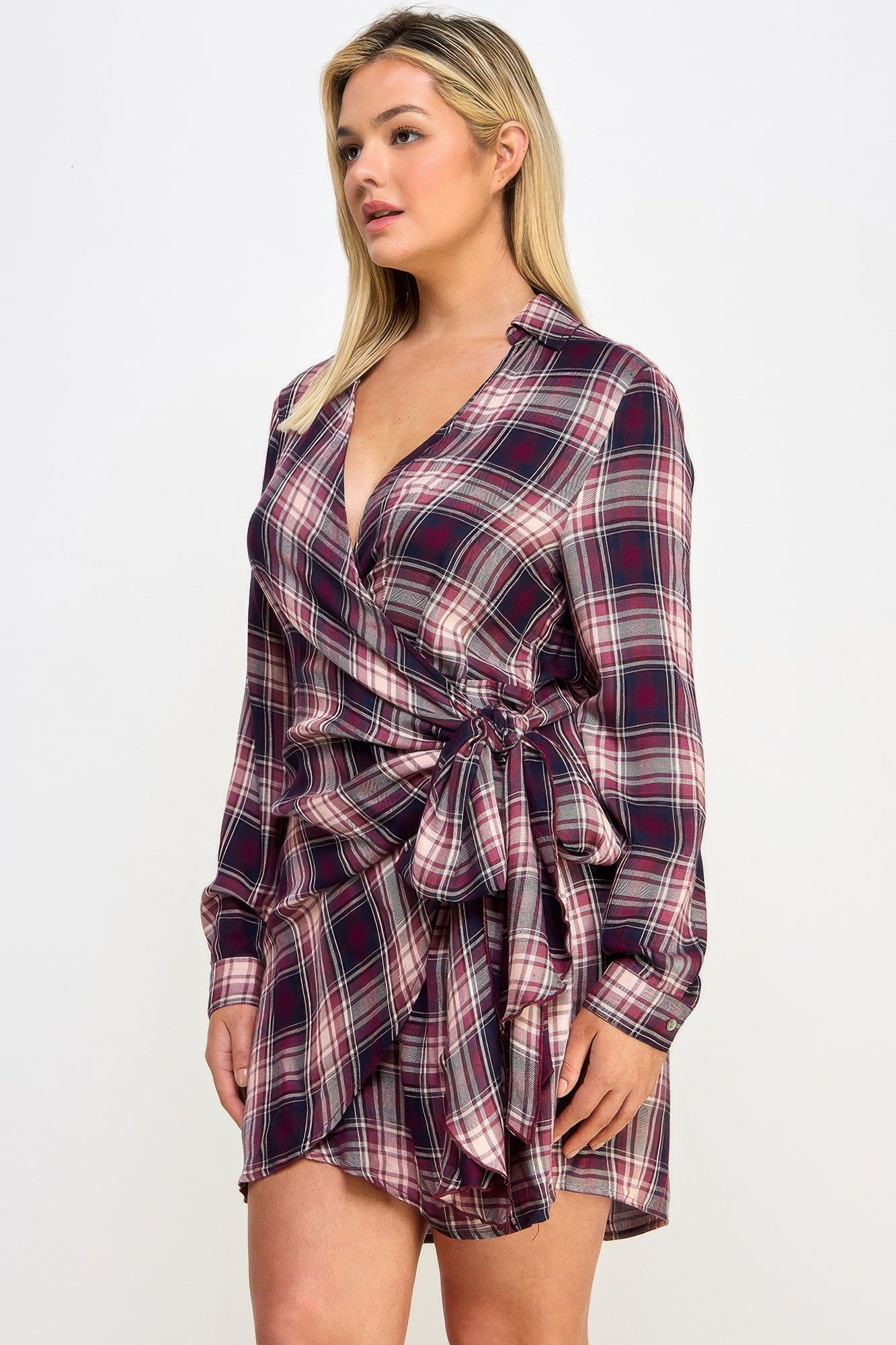Plus Size Long Sleeve Plaid Side Tie Dress        