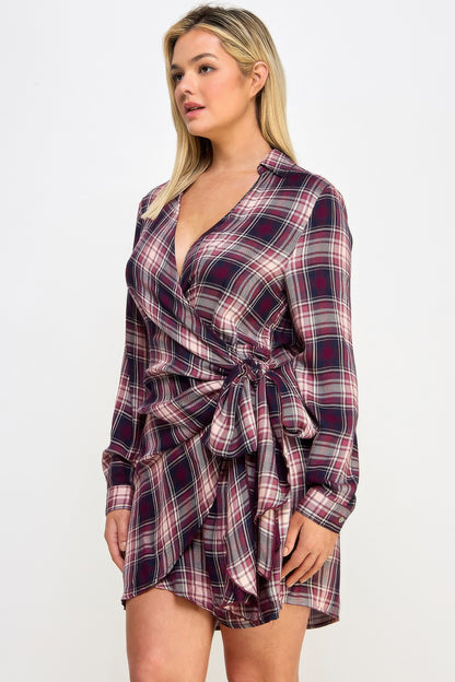 Plus Size Long Sleeve Plaid Side Tie Dress        