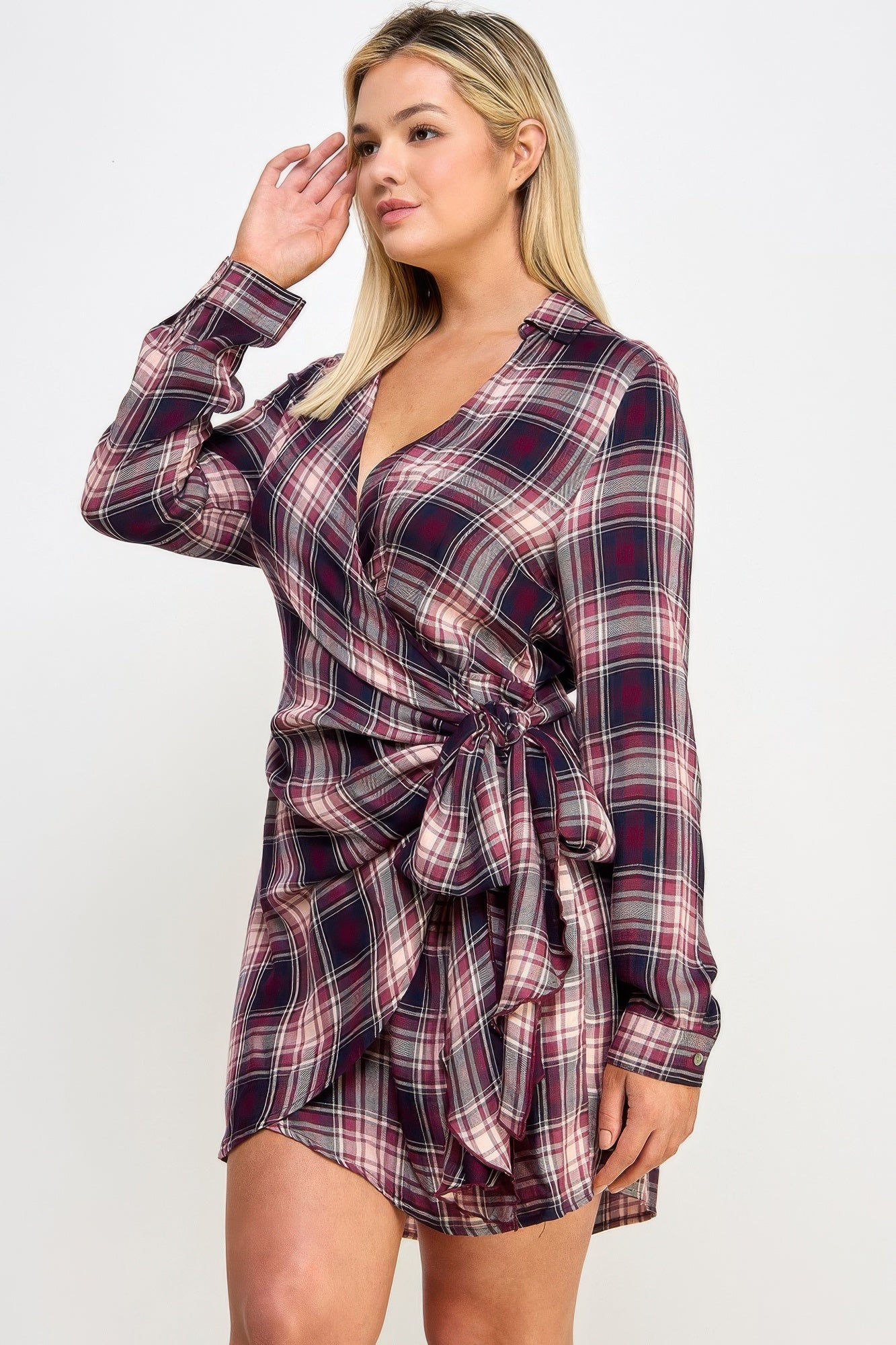 Plus Size Long Sleeve Plaid Side Tie Dress        
