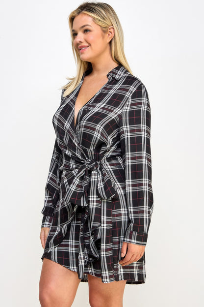 Plus Size Long Sleeve Plaid Side Tie Dress        