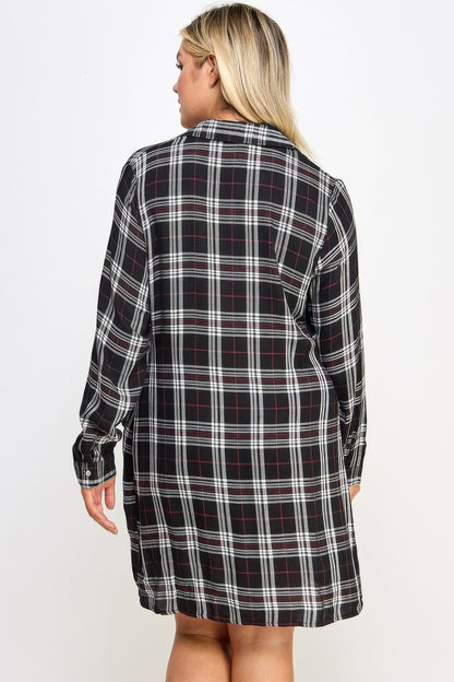 Plus Size Long Sleeve Plaid Side Tie Dress        